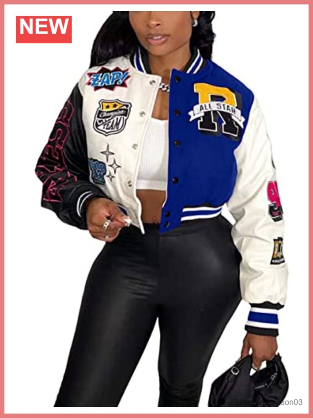 Women's Cropped Varsity Bomber Jacket Button Down Letterman Coat with Pockets
